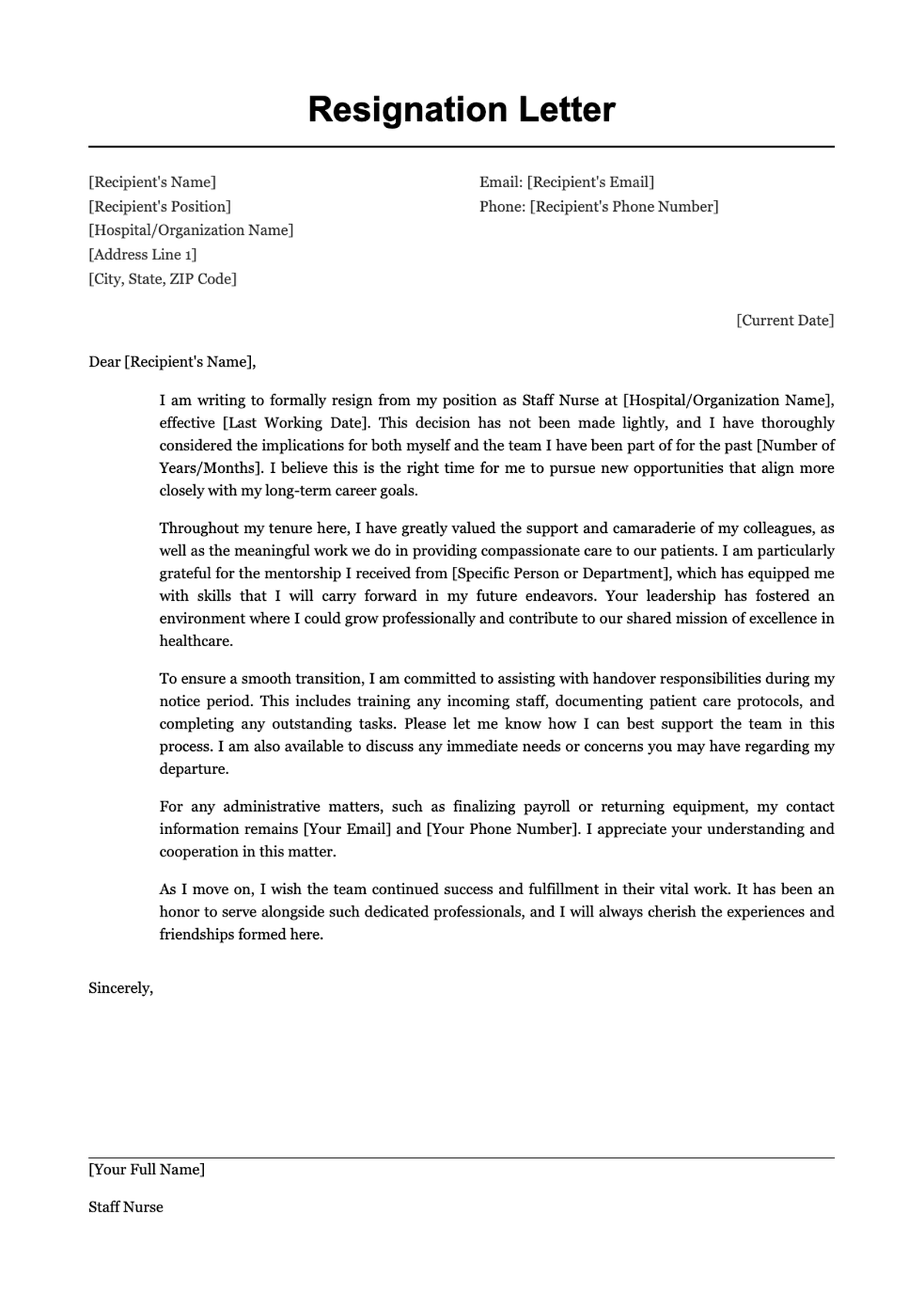 Staff nurse resignation letter sample with placeholder fields_variant_2